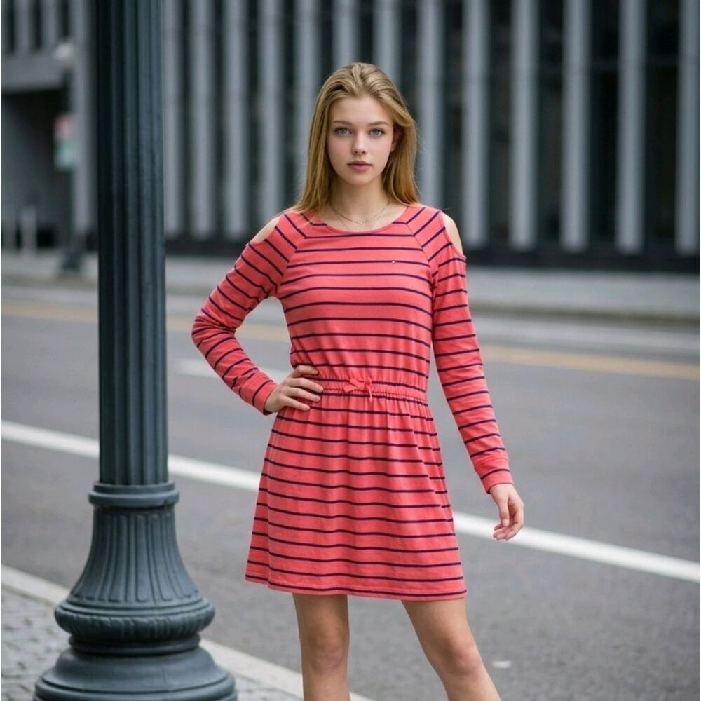 Tommy Hilfiger Girls XL (16) Paradise Pink Striped Cold Shoulder Terry Dress